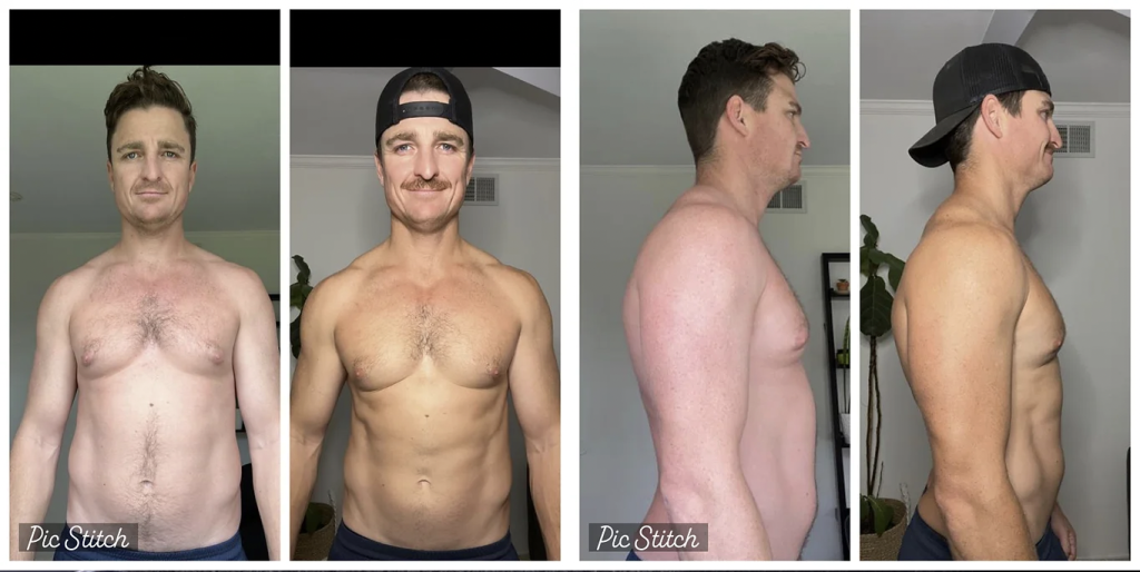 Male fitness transformation before and after photos.