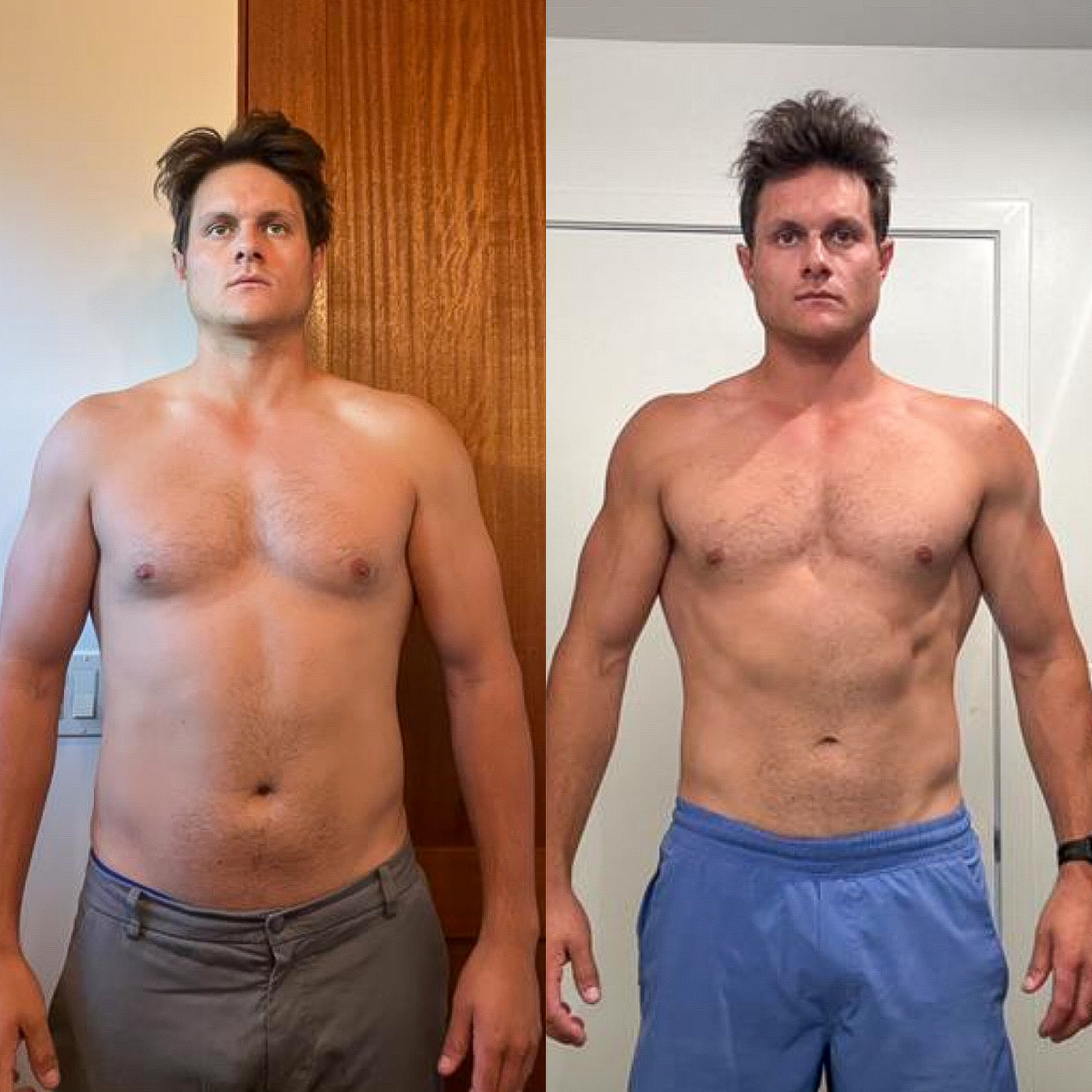 Man's transformation before and after fitness training.
